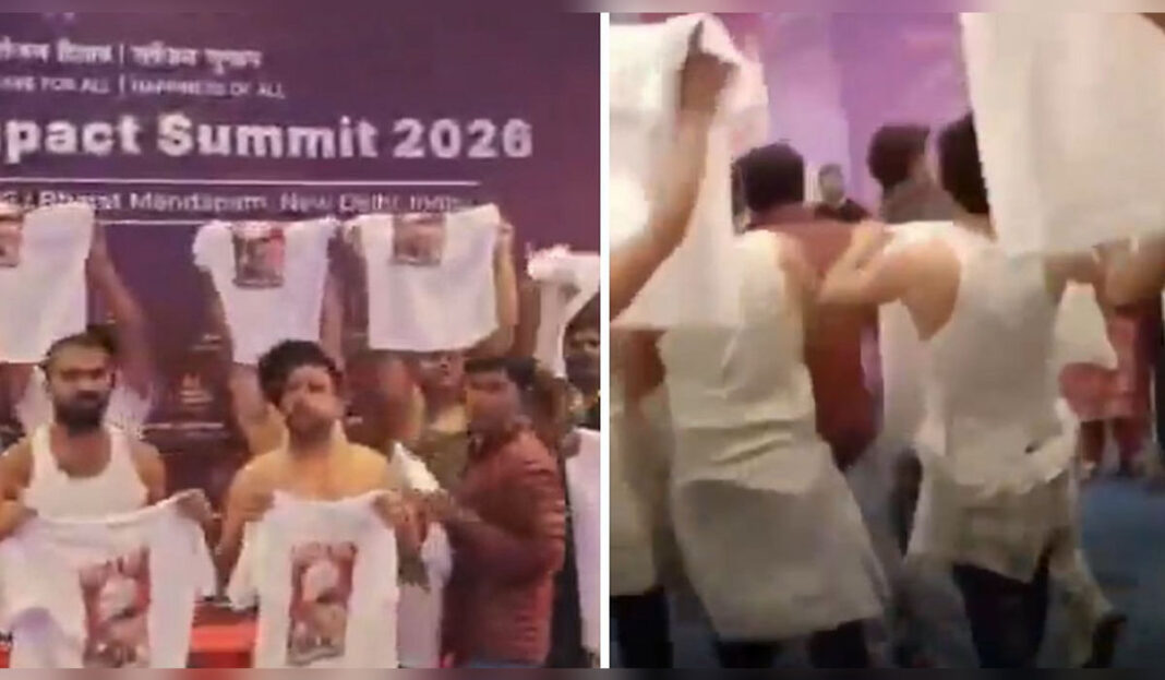 Youth Congress shirtless protest India AI Summit Bharat Mandapam Delhi Police detain