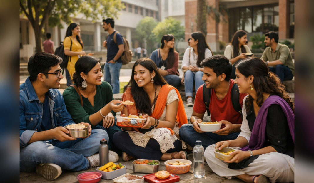 Indian college students sharing homemade lunch on campus stepsIndian college students sharing homemade lunch on campus steps