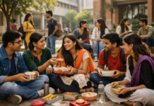 Campus Identity: How Young People Are Reclaiming Their Cultural Roots Indian college students sharing homemade lunch on campus stepsIndian college students sharing homemade lunch on campus steps