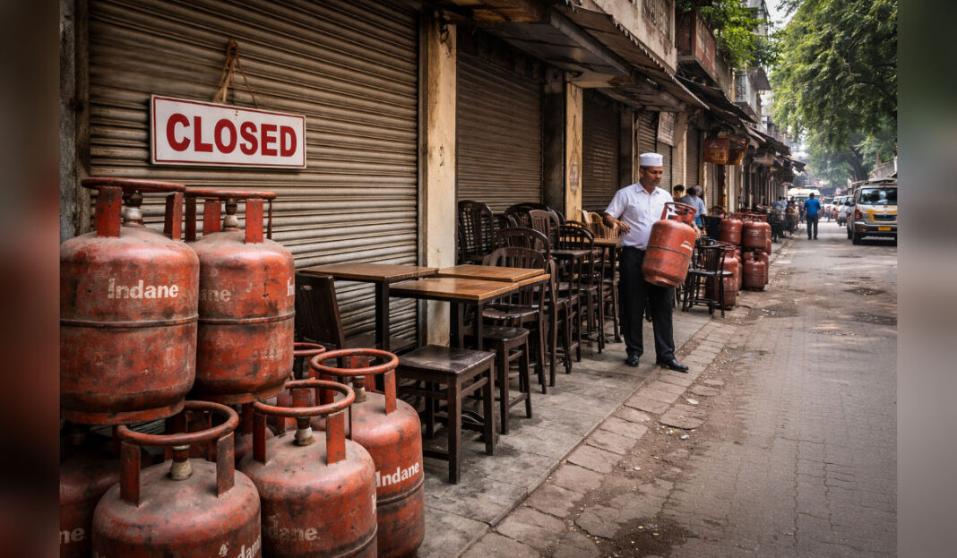 Mumbai restaurant street with stacked LPG cylinders and closed eateries during a cooking gas supply crisis.