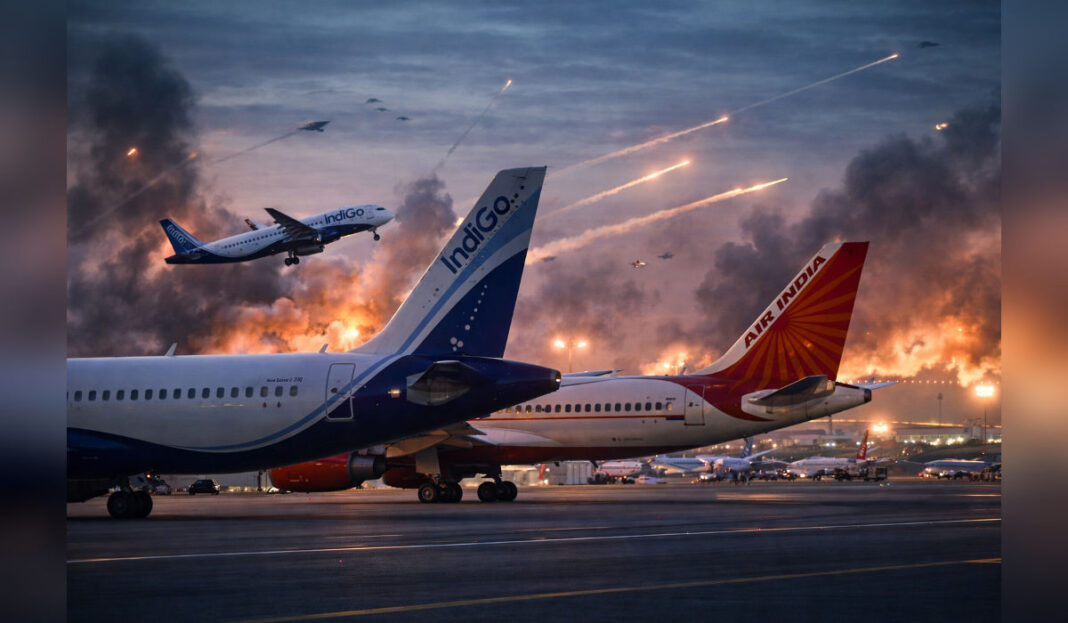 Indian passenger planes on runway amid tense West Asia skies.