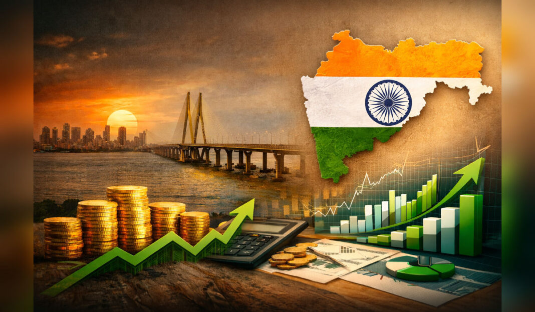 Digital illustration of Maharashtra skyline with financial growth theme, rising graph arrow and economic symbols in background.