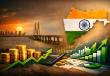 Explained | Maharashtra Economy Set to Grow 7.9% as State Size Crosses ₹51 Lakh Crore: Economic Survey Digital illustration of Maharashtra skyline with financial growth theme, rising graph arrow and economic symbols in background.