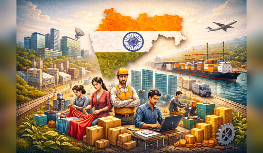 Maharashtra’s MSME sector and IT growth with factories, workers, cargo ship, and office buildings showing 63.85 lakh units employing 2.5 crore people