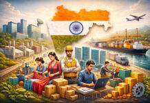 Maharashtra’s MSME Economy Powers Jobs as 63.85 Lakh Units Employ 2.5 Crore People Maharashtra’s MSME sector and IT growth with factories, workers, cargo ship, and office buildings showing 63.85 lakh units employing 2.5 crore people