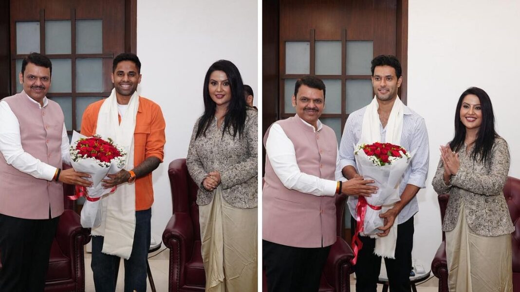 Maharashtra CM Devendra Fadnavis felicitating Suryakumar Yadav and Shivam Dube after India’s T20 World Cup victory