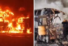 Andhra Pradesh Bus Accident: 10 Dead After Lorry Crash Triggers Fire Burnt bus after collision with lorry in Andhra Pradesh accident