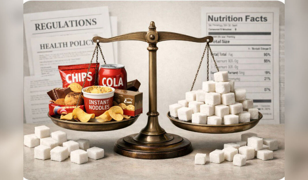 Packaged snack foods and sugar cubes on a weighing scale representing India’s debate over ultra-processed foods and sugar regulation.