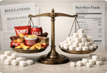 India’s Sugar Debate: Food Industry Pushes Back as Ultra-Processed Food Concerns Grow Packaged snack foods and sugar cubes on a weighing scale representing India’s debate over ultra-processed foods and sugar regulation.