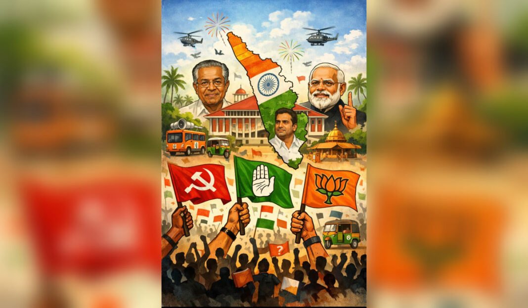 Illustration showing Kerala Assembly election campaign featuring LDF, UDF and BJP as the state heads for a short, high-intensity political contest.