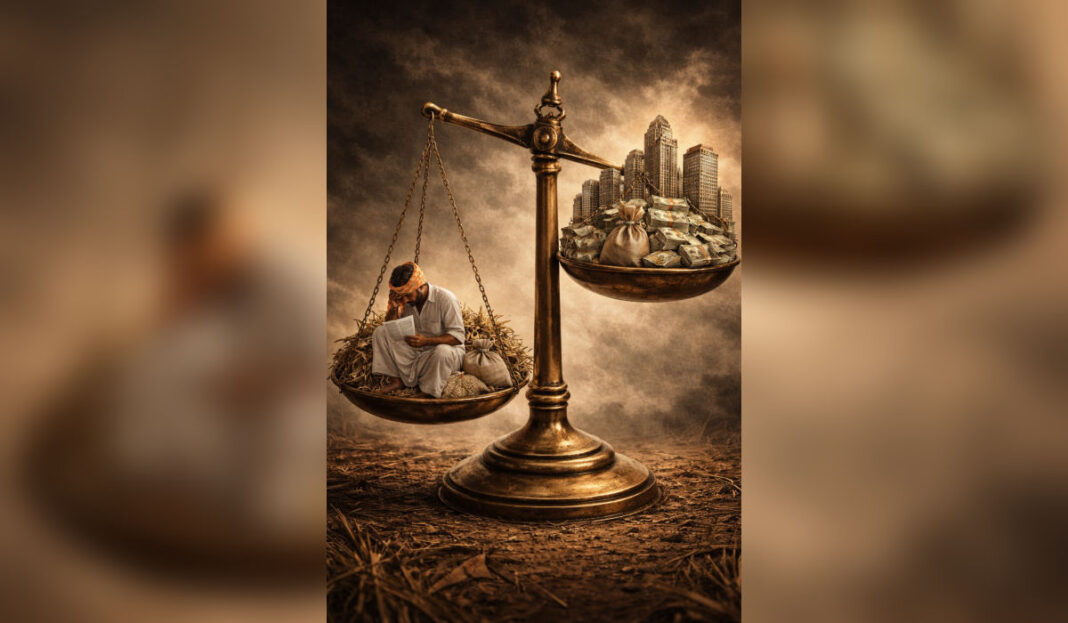 Illustration showing imbalance between farmer debt and corporate wealth in India’s credit system