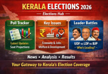 Kerala Elections: Congress Needs Higher Strike Rate to Challenge LDF Infographic showing Kerala Assembly Elections 2026 with poll tracker, key issues and leader battles between LDF, UDF and BJP.