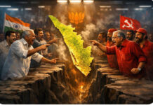 Kerala Roundup: Cong–CPI(M) Spat Over BJP Collusion Exposes Faultlines in I.N.D.I.A Bloc Editorial illustration showing political tension in Kerala with Congress and CPI(M) leaders confronting each other across a divide, BJP symbol in background and Kerala map at centre.
