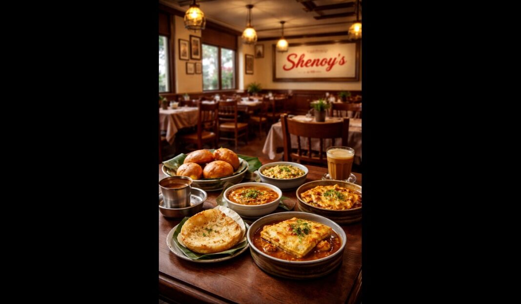 Traditional coastal breakfast dishes at Shenoy’s restaurant in Worli Mumbai including Mangalorean buns, poha upkari and Goan ros omelette