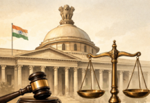 Children in Conflict with Law in India: Why Rehabilitation Must Matter as Much as Punishment Illustration of scales of justice and judge’s gavel with the Indian Parliament building symbolising India’s juvenile justice legal framework and rehabilitation policies for children in conflict with law.