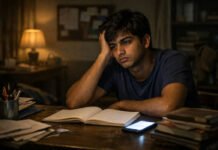 Why Overthinking Has Become Common Among Youth Student sitting alone at night overthinking with phone and books