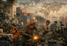 India’s Big SME Moment Indian MSME manufacturing clusters with workers in textile and auto component units, alongside shipping containers and global trade network overlay