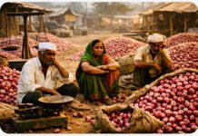 After Sugar, Onion Prices Start Soaring Across Maharashtra: Wholesale Rates Hit ₹35/Kg as Supplies Tighten Indian onion farmers sitting with unsold onions in mandi reflecting price crash and market distress