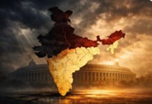 North vs South: Delimitation Debate Intensifies as Leaders Flag Federal Power Shift Illustration of India map split into northern and southern regions with contrasting tones, Parliament building in background, symbolising political tension over delimitation and federal balance