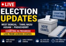 LIVE Election Updates: West Bengal, Tamil Nadu, Assam and Puducherry Results Coming In Officials counting votes during live election results in West Bengal Tamil Nadu Assam and Puducherry