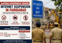 Faridabad Demolition Drive: Haryana Suspends Mobile Internet, Bulk SMS Services in NIT Zone for a Day Police personnel deployed near a demolition site in Faridabad as mobile internet and SMS services remain suspended in the NIT Zone.