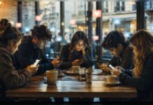 The Visibility Trap: Why Being Seen Online Matters More Than Being Understood Offline Young people emotionally disconnected while using phones and social media in a café