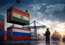 India–Russia Trade Opportunities Amid Growing Sanctions Risks Cargo containers with Indian and Russian trade symbols highlighting growing bilateral trade amid sanctions concerns