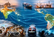 India-LAC Trade Crosses US$47 Billion; Exim Bank Study Calls for Deeper Strategic Economic Integration Illustration showing India and Latin America connected through global maritime trade routes, featuring cargo ships, oil refineries, lithium mining, automobile manufacturing and digital trade networks symbolising growing India-LAC economic ties.