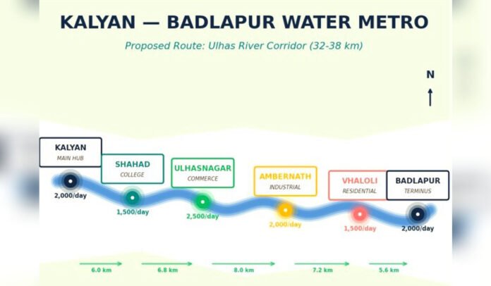 Route map of proposed Kalyan-Badlapur Water Metro project along Ulhas River in eastern Mumbai Metropolitan Region
