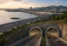 Maharashtra Clears ₹17,036 Crore Bhayandar-Ghodbunder Link, MMRDA to Launch Mega Creek Bridge and Twin Tunnel Project Aerial representation of the Bhayandar-Ghodbunder connectivity project featuring an elevated creek bridge and twin underground tunnels.
