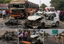 Maharashtra Highway Tragedy: Six Killed In Jalgaon After Car, Motorcycle And ST Bus Collide Damaged vehicles after a deadly collision between car, motorcycle and ST bus in Jalgaon Maharashtra