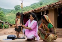 TRIBAL MAHARASHTRA – PART III ASHA worker conducting a nutrition assessment of a tribal child in a remote Maharashtra village as part of community health outreach efforts.