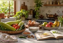 When Less Can Be More in the Kitchen Fresh vegetables and a recipe book in a calm Indian home kitchen symbolising simple mindful cooking
