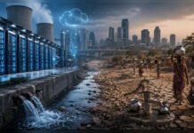 The Thirst Beneath the AI Revolution: India’s Data Centres and the Coming Water Crisis Editorial illustration showing India’s AI data centre expansion against the backdrop of water scarcity and groundwater stress.
