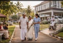 Ageing population demands Kerala Model to be elderly-friendly An elderly couple walks with a caregiver outside a modern healthcare facility in Kerala, symbolising healthy ageing and elderly welfare.