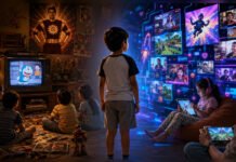 From Tom & Jerry to Skibidi Toilet: How Childhood Storytelling Is Changing in India Editorial illustration showing children between traditional television-based childhood entertainment and modern digital content driven by smartphones, gaming and social media platforms.