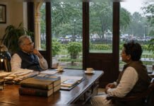 The Art of Doing Nothing: When Governments Choose Patience Over Panic A senior government official and a visitor engaged in a thoughtful conversation over tea, symbolising political strategy, governance and decision-making.
