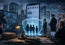 Can Big Tech Police Itself? Lessons from the Meta Child Safety Controversy Editorial illustration depicting online child safety, Big Tech accountability, cyber investigators, law enforcement and digital governance in relation to social media platforms and child protection.
