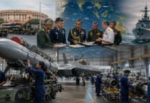 India’s Defence Exports Are Becoming Foreign Policy Illustration depicting India’s defence manufacturing industry, BrahMos missile system, defence diplomacy, Indo-Pacific strategic partnerships and military exports.