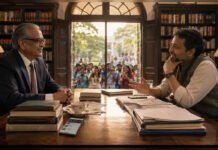 The End of Civilisation (Again) Bade Saheb discusses Generation Z, social media and public discourse with a journalist over tea in his study while students gather peacefully outside.