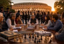Flipside Narrative: Modi Government Avoids the ‘Emergency Trap’ Editorial illustration showing policymakers, young citizens and journalists in discussion before the Indian Parliament, symbolising democratic dialogue and political decision-making in India.