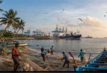 Kerala’s plan to tap into blue economy calls for guardrails to protect the marine ecosystem Traditional fishermen prepare fishing nets along Kerala’s coastline as cargo vessels operate near Vizhinjam International Seaport, symbolising the balance between the Blue Economy and marine livelihoods.