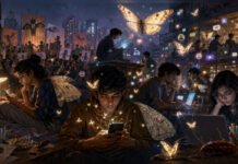 We Are Not Cockroaches. We Are Moths. Symbolic illustration of young Indians with moth-like wings drawn toward glowing screens, social media icons and protest imagery, representing online identity, youth belonging and the Cockroach Janta Party moment