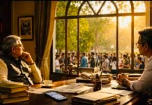 The Day Bade Saheb Ran Out of Answers Bade Saheb and a journalist quietly observe a gathering of young people through the window, reflecting on generational change and the importance of listening.