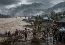 Climate Change as a Security Challenge in India’s Northeast Illustration of Brahmaputra flooding, displaced communities, damaged infrastructure and border surveillance in Northeast India