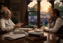 The Day Everyone Was Always Right Bade Saheb and a visitor discuss governance over tea while a peaceful public gathering is visible outside the window.