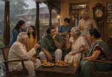 With Malice Towards None A multigenerational Indian family gathers on the veranda of an ancestral home during the monsoon as elders share stories and advice over pakoras and glasses of orange squash.