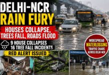 Delhi-NCR Rain Fury: Heavy Downpour Triggers House Collapses, Tree Falls, Waterlogging; Red Alert Issued