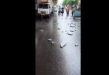 Mira Road Metro Slab Portion Falls Near Busy Road, School Van Hit; Viral Video Sparks Safety Concerns Metro slab debris on Mira-Bhayandar Road near Thunga Hospital in Mira Road East