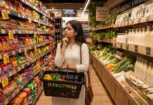 The Anxiety Market: When Consumer Fear Becomes a Business Model A shopper compares regular and premium food products in a supermarket, illustrating consumer trust and the growing anxiety market.